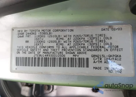 2003 Toyota 4Runner Sr5 V6 z USA, uszkodzony, nr VIN JTEBU14R930010506